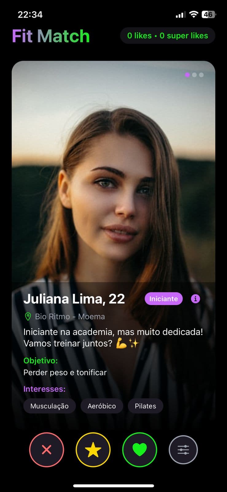 Tela de perfis do app de relacionamentos Fit Match